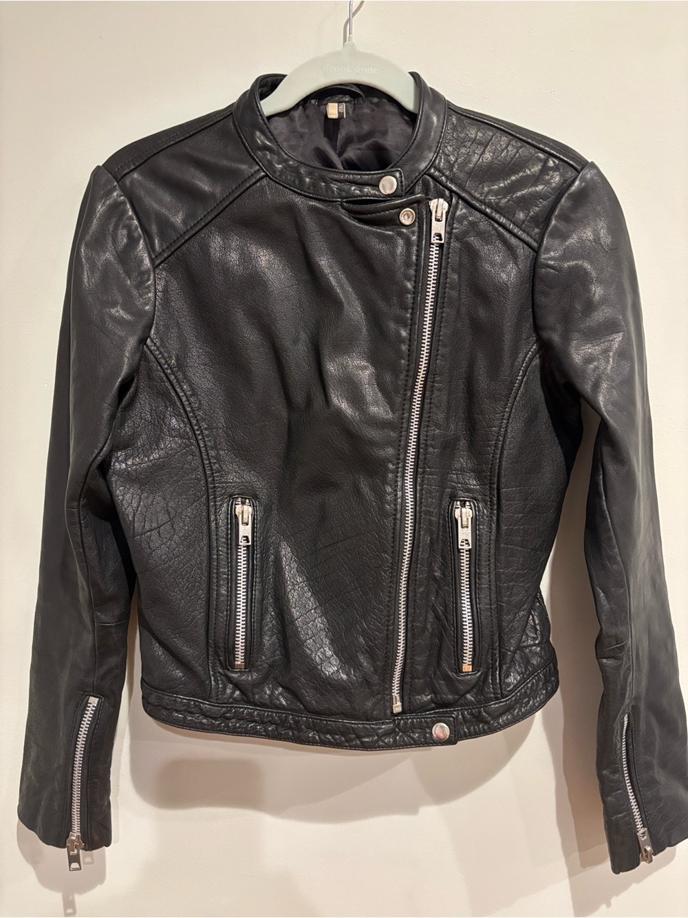 Topshop Black 100% Buffalo Leather Asymmetrical Biker Jacket Gorpcore Grunge 6